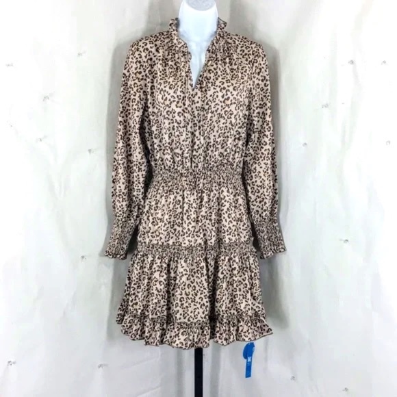 Cupshe Dresses & Skirts - Cupshe Dress Leopard Ruffled Mini Dress Long Sleeve Smocked Waist Size S